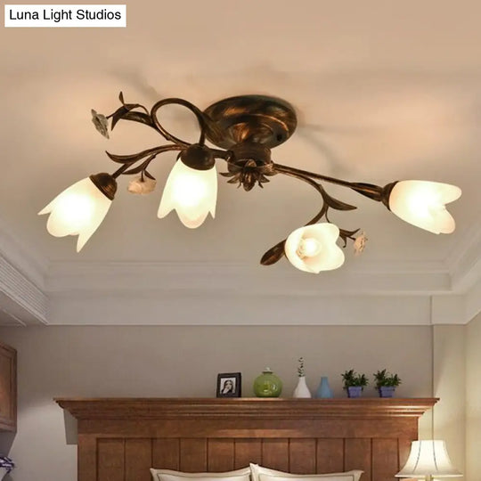 American Garden Flowers Ceilng Light - Cream Glass Semi Flush Mount Lighting In Bronze 4/6/8 Heads 4