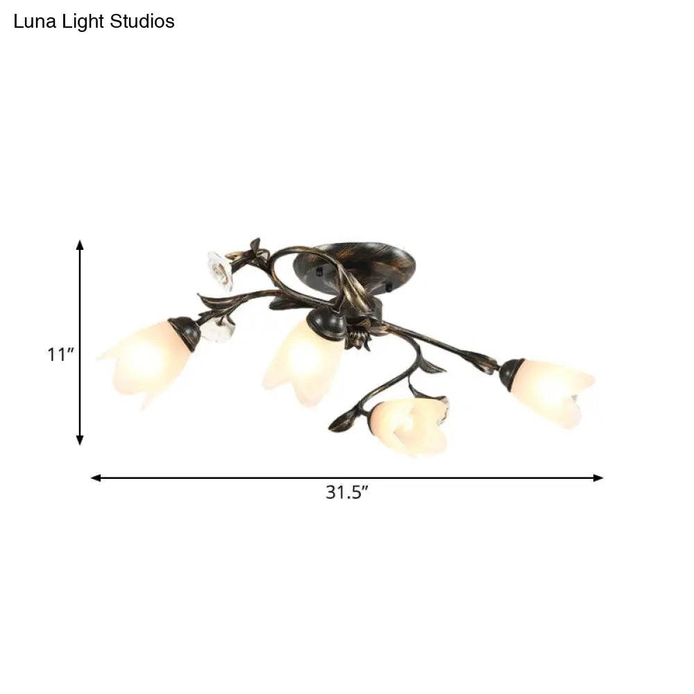 American Garden Flowers Ceilng Light - Cream Glass Semi Flush Mount Lighting In Bronze 4/6/8 Heads