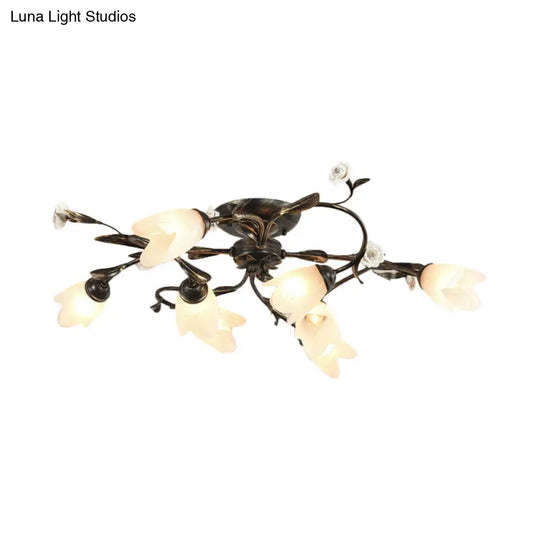 American Garden Flowers Ceilng Light - Cream Glass Semi Flush Mount Lighting In Bronze 4/6/8 Heads