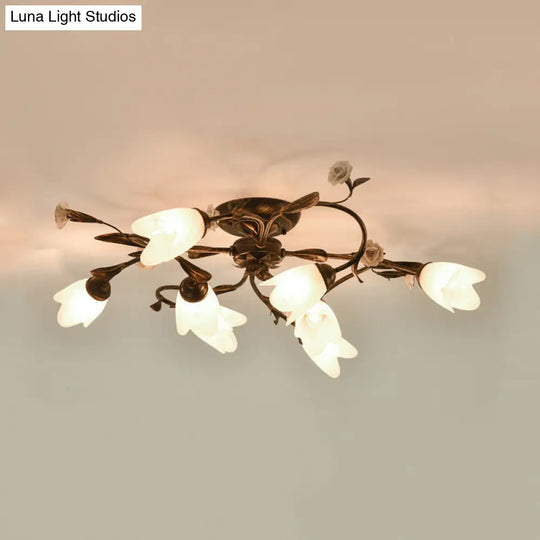 American Garden Flowers Ceilng Light - Cream Glass Semi Flush Mount Lighting In Bronze 4/6/8 Heads