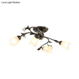 American Garden Flowers Ceilng Light - Cream Glass Semi Flush Mount Lighting In Bronze 4/6/8 Heads