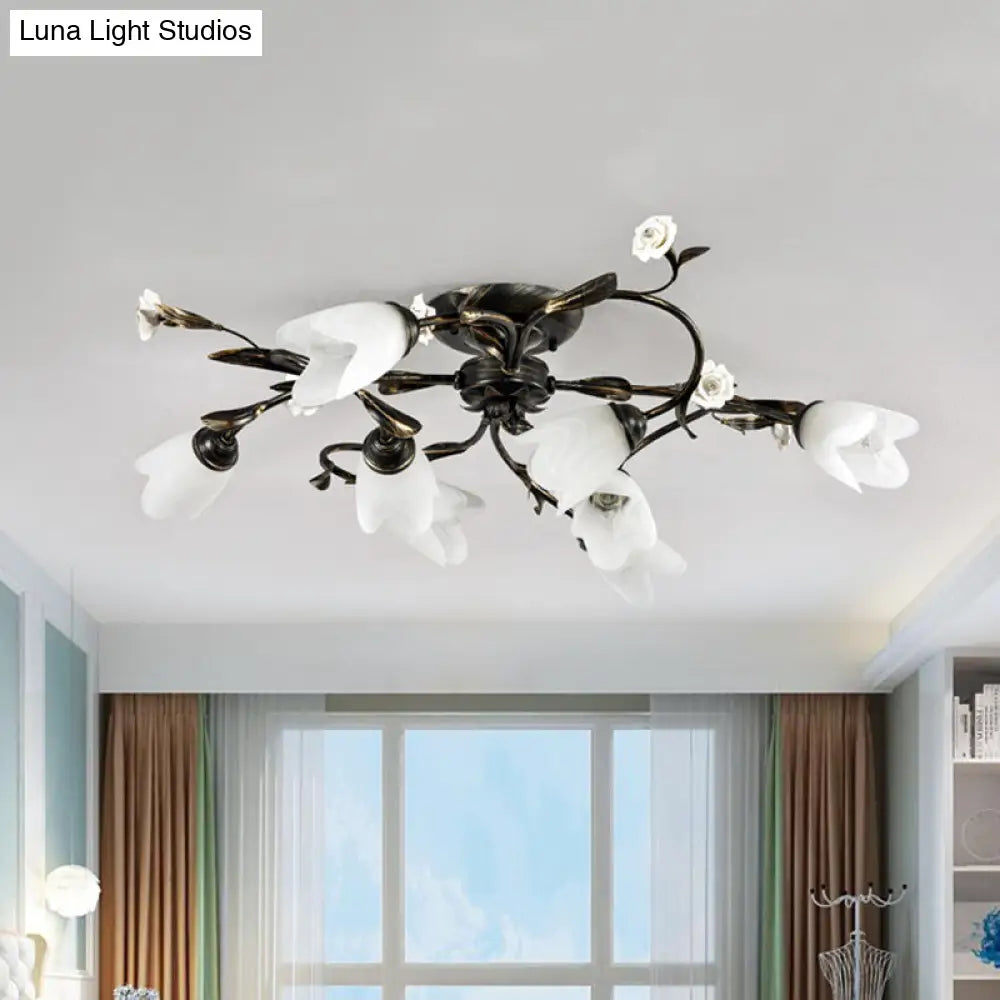 American Garden Flowers Ceilng Light - Cream Glass Semi Flush Mount Lighting In Bronze 4/6/8 Heads
