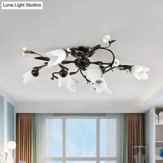 American Garden Flowers Ceilng Light - Cream Glass Semi Flush Mount Lighting In Bronze 4/6/8 Heads