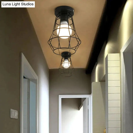 American Vintage Loft Led Ceiling Light Lamp Iron Cage Pyramid Corridor Entrance Balcony Bar
