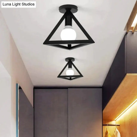 American Vintage Loft Led Ceiling Light Lamp Iron Cage Pyramid Corridor Entrance Balcony Bar