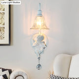 Angel Cream Wall Light Decorative 1-Head Resin Lamp - Flower Glass Shade & Crystal Orb