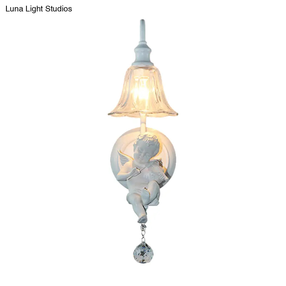 Angel Cream Wall Light Decorative 1-Head Resin Lamp - Flower Glass Shade & Crystal Orb