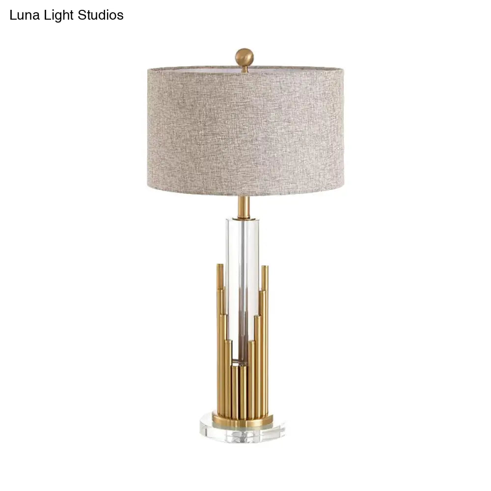 Modern Flaxen Table Lamp With Round Shade And Gold Fluted Base - 1 Head Night Light