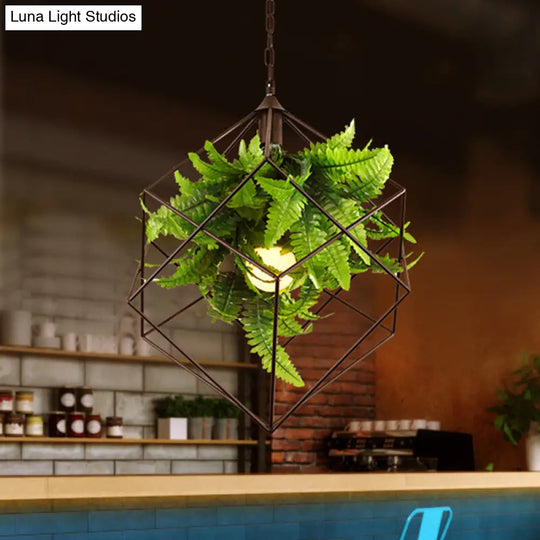 16.5/19.5 Metal Pendant Lamp Antique Black Geometric Led Down Lighting For Restaurants With Plant