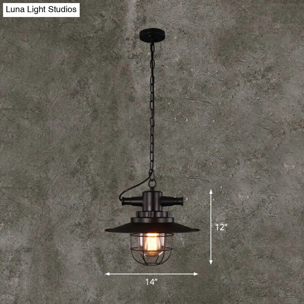 Iron Pendant Light - Antique 1-Light Restaurant Hanging Fixture In Black With Pot Lid Design