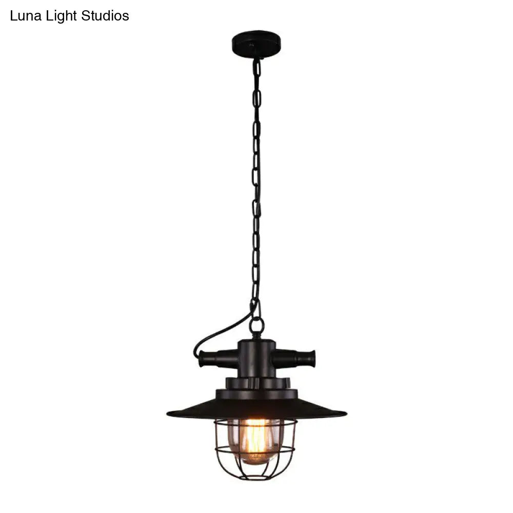 Iron Pendant Light - Antique 1-Light Restaurant Hanging Fixture In Black With Pot Lid Design