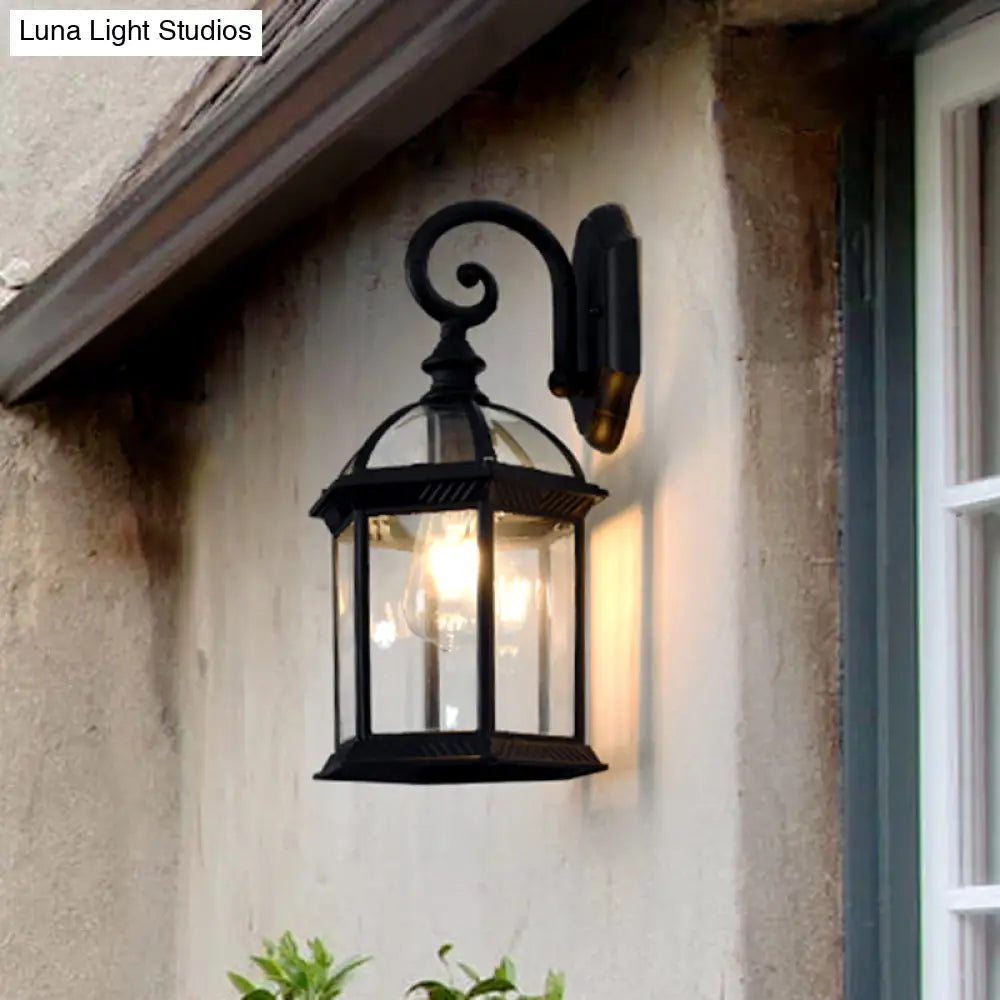 Antique Black Patio Wall Light: Clear Glass Pavilion Lighting With 1 Bulb