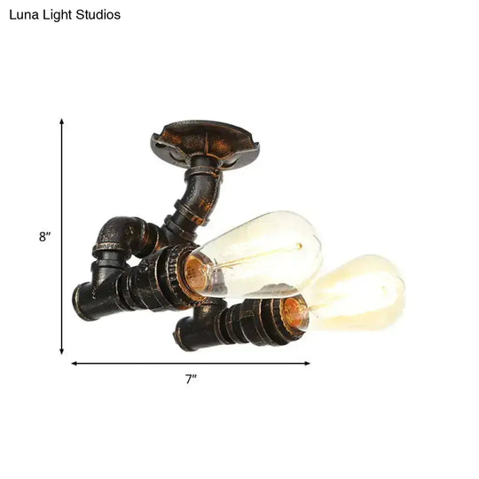 Antique Brass/Aged Silver/Antique Bronze Semi Flush Industrial Ceiling Light With 2 Tubing Indoor