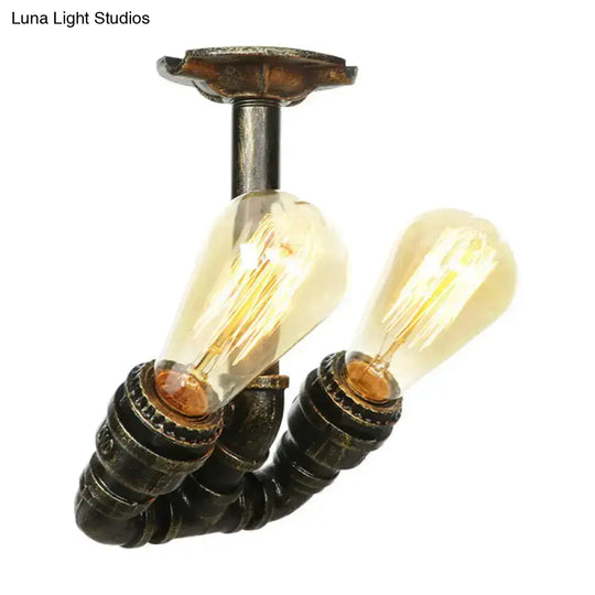 Antique Brass/Aged Silver/Antique Bronze Semi Flush Industrial Ceiling Light With 2 Tubing Indoor