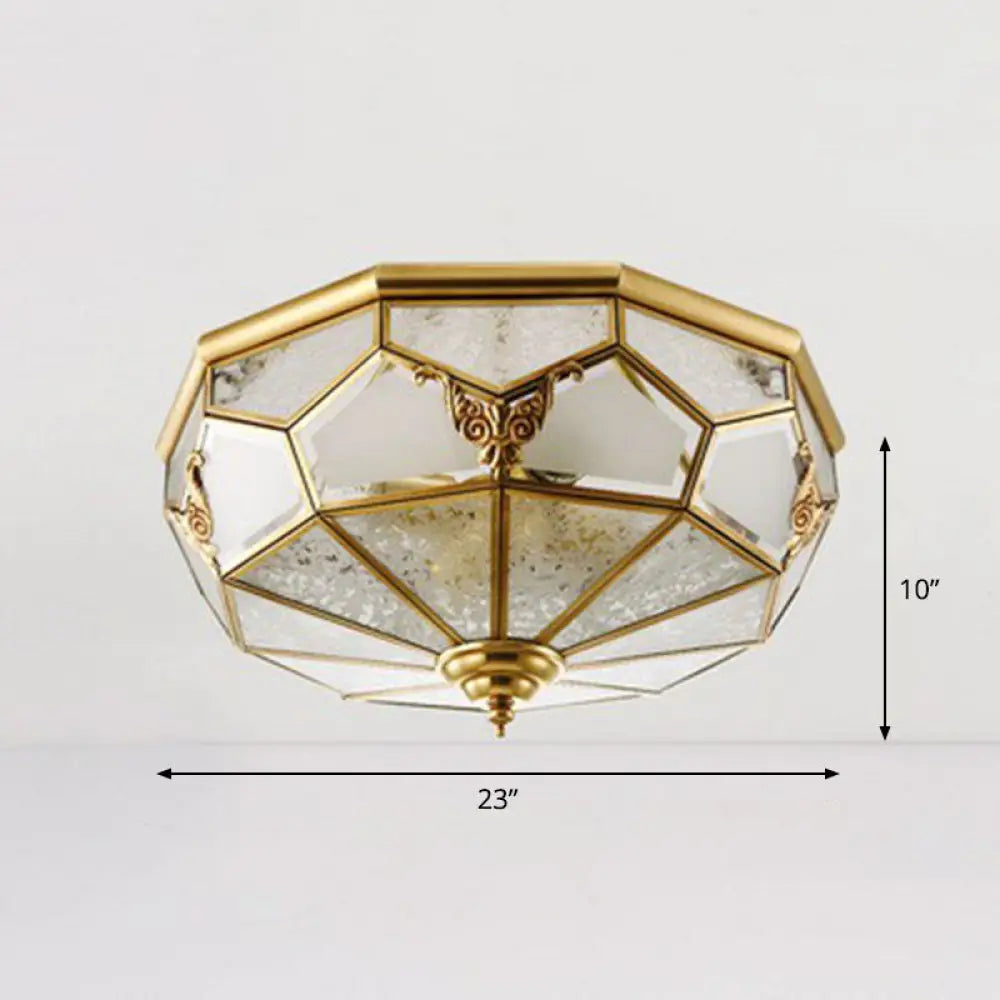 Antique Brass Dining Room Ceiling Lamp With Polygon Semi - Opaque Flush Mount Shade 6 /