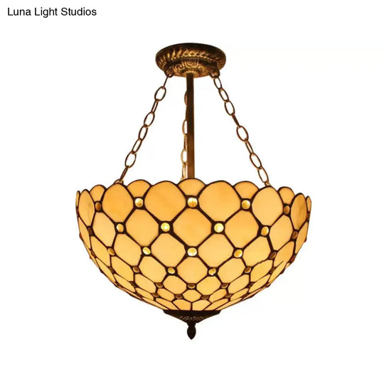 Antique Brass Led Ceiling Light With Tiffany-Style Art Glass Shade - Bedroom Semi Flush Mount Beige