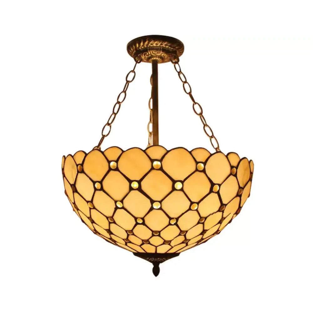 Antique Brass Led Ceiling Light With Tiffany-Style Art Glass Shade - Bedroom Semi Flush Mount Beige