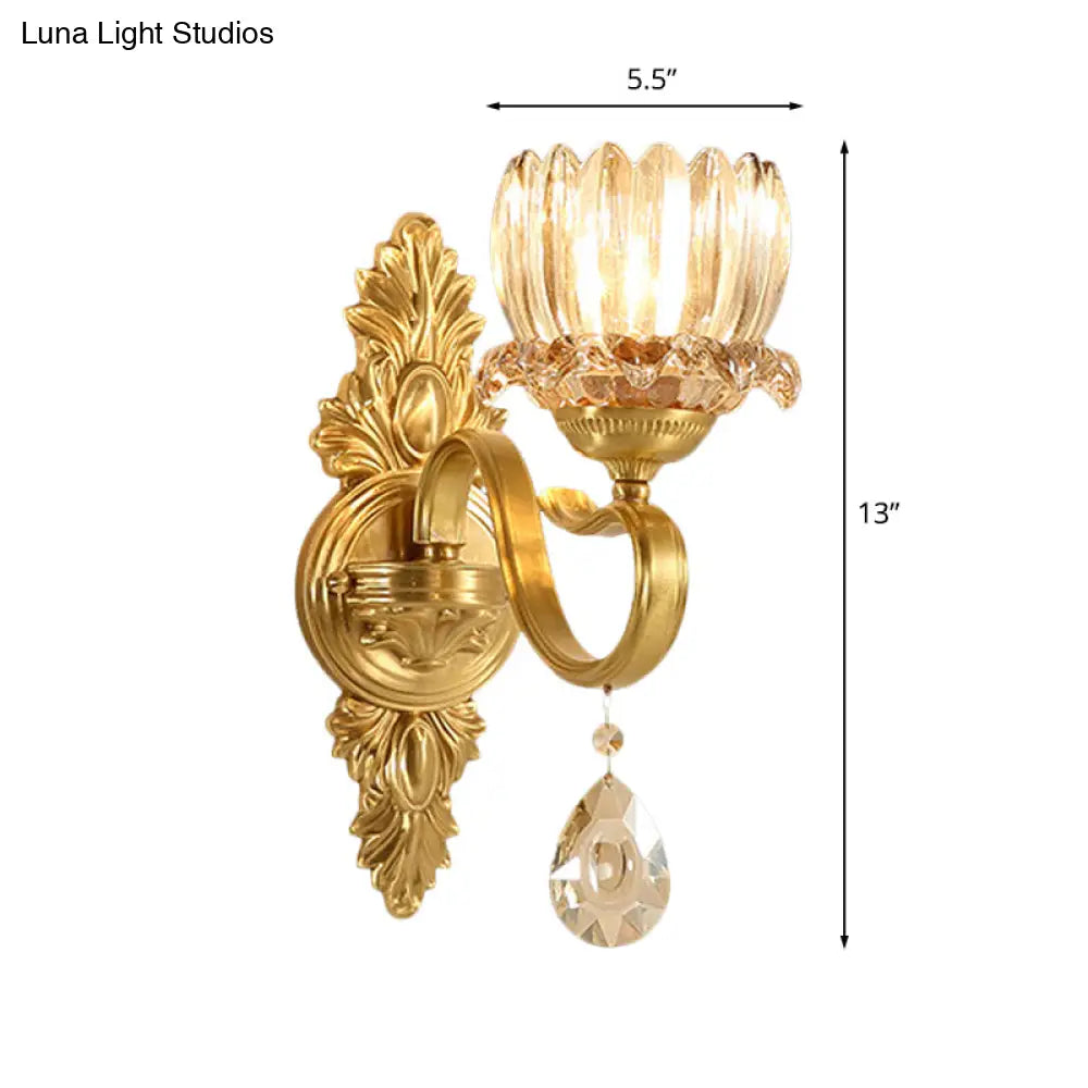 Antique Brass Lotus Wall Sconce: Clear Glass Mounted Lamp For Living Room