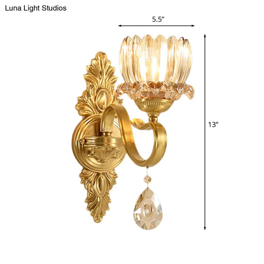Antique Brass Lotus Wall Sconce: Clear Glass Mounted Lamp For Living Room
