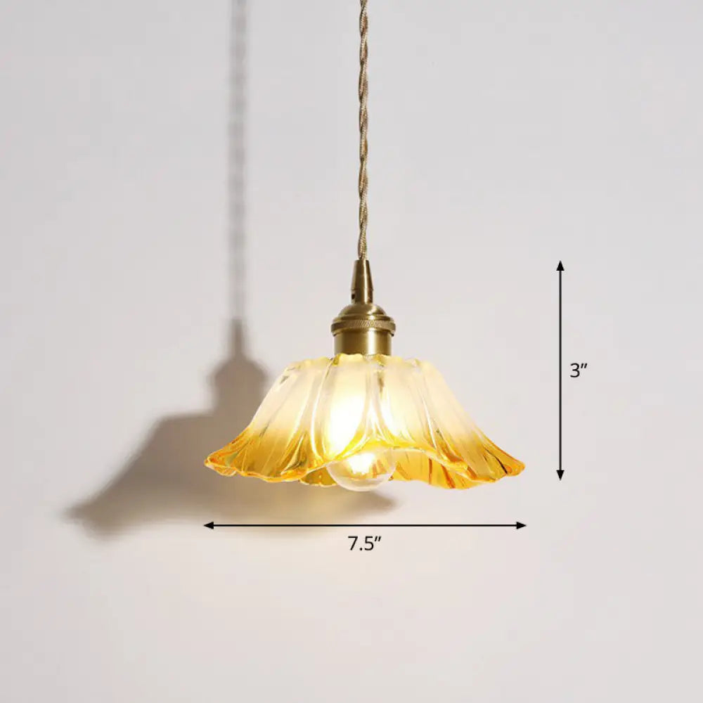 Antique Brass Pendant Light With Floral Glass Shade - Elegant 1-Light Hanging Fixture / D