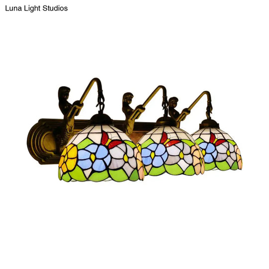 Antique Brass Peony Sconce Lighting With Tiffany Blue/Pink Glass - Wall Mounted 3 Lights