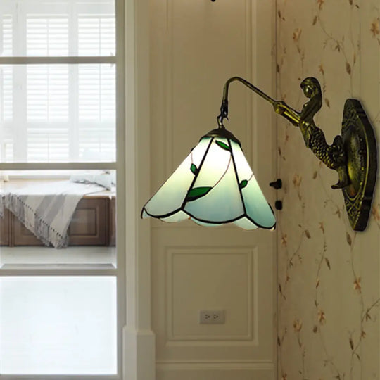 Antique Brass Sconce Light With Green Glass Lily Shade - Elegant Wall Mount For Hallway