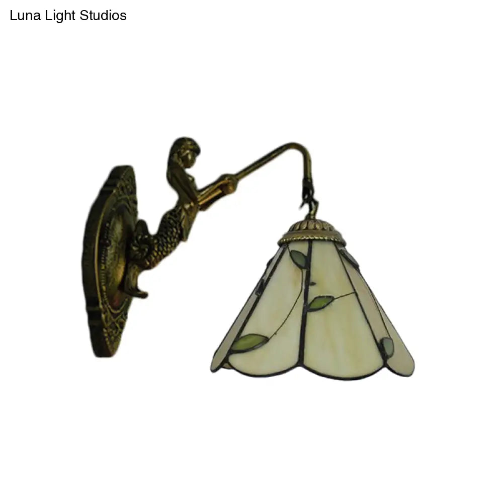 Antique Brass Sconce Light With Green Glass Lily Shade - Elegant Wall Mount For Hallway