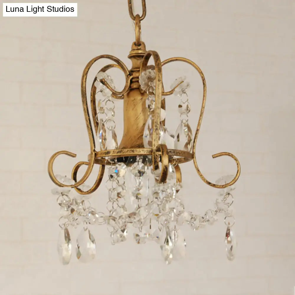 Antique Brass Scrolled Frame Suspension Light With Crystal Droplet - 1 Head Metallic Hanging Lamp