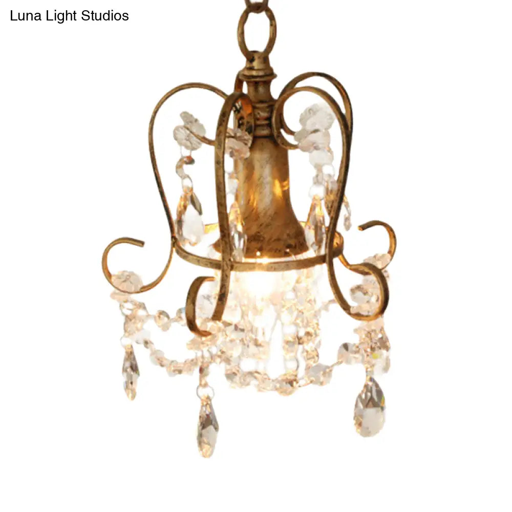 Antique Brass Scrolled Frame Suspension Light With Crystal Droplet - 1 Head Metallic Hanging Lamp