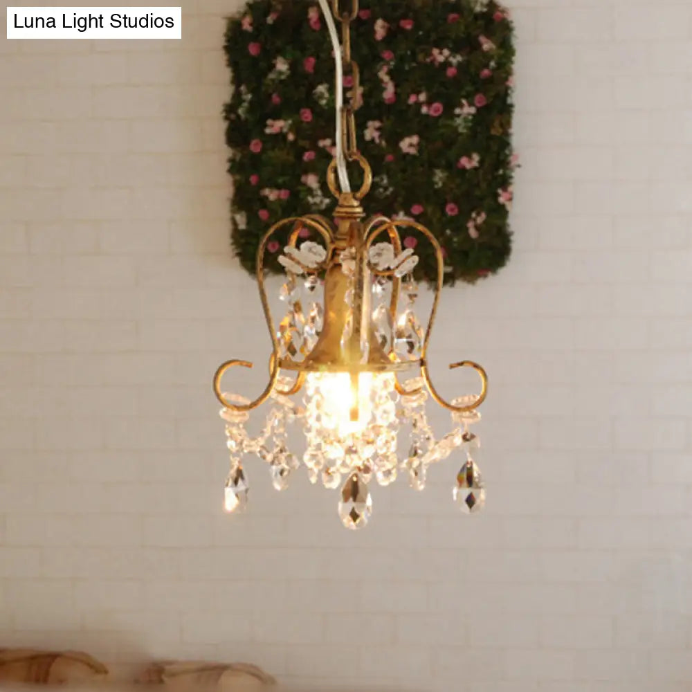 Antique Brass Scrolled Frame Suspension Light With Crystal Droplet - 1 Head Metallic Hanging Lamp