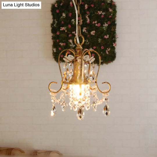 Antique Brass Scrolled Frame Suspension Light With Crystal Droplet - 1 Head Metallic Hanging Lamp