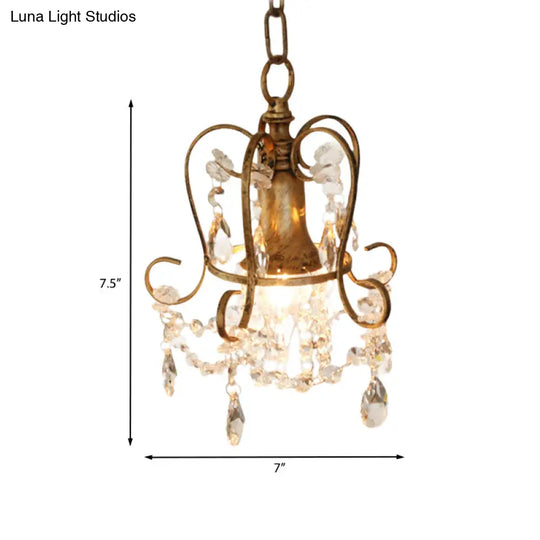Antique Brass Scrolled Frame Suspension Light With Crystal Droplet - 1 Head Metallic Hanging Lamp