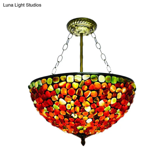 Mediterranean Stone Semi Flush Mount Ceiling Lamp With Antique Brass Finish - 3-Light