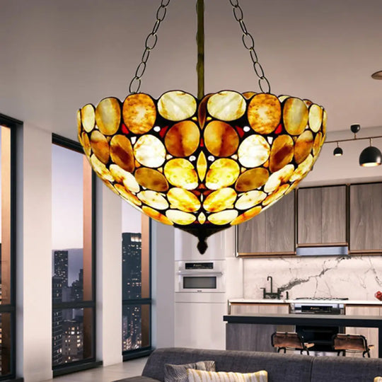 Antique Brass Semi Flush Mount Stone Ceiling Lamp With Bowl Shade - 3 Lights Mediterranean Style / A