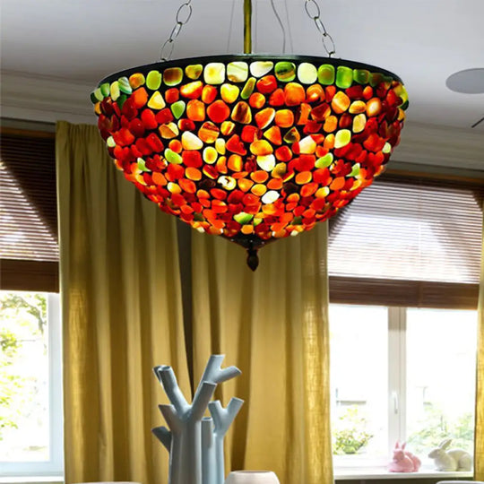 Antique Brass Semi Flush Mount Stone Ceiling Lamp With Bowl Shade - 3 Lights Mediterranean Style / D