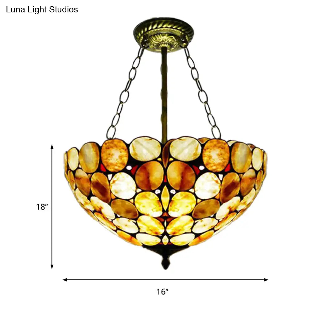Antique Brass Semi Flush Mount Stone Ceiling Lamp With Bowl Shade - 3 Lights Mediterranean Style