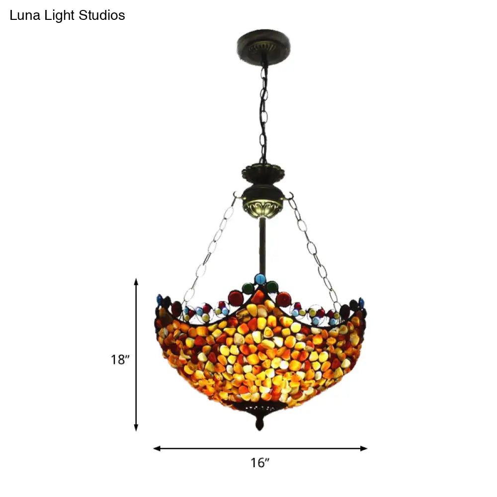 Antique Brass Semi Flush Mount Stone Ceiling Lamp With Bowl Shade - 3 Lights Mediterranean Style