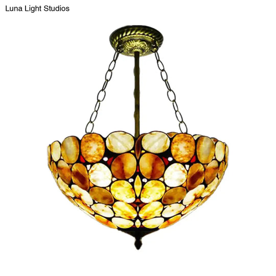 Antique Brass Semi Flush Mount Stone Ceiling Lamp With Bowl Shade - 3 Lights Mediterranean Style