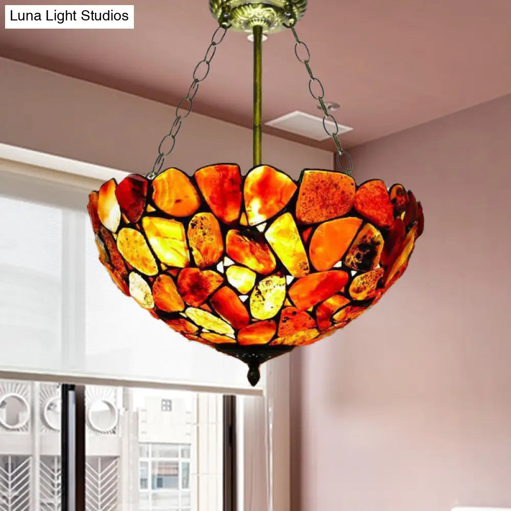 Antique Brass Semi Flush Mount Stone Ceiling Lamp With Bowl Shade - 3 Lights Mediterranean Style