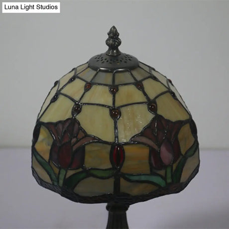 Antique Brass Single Head Night Table Lamp With Mediterranean Stained Glass In Pink Rose/Red