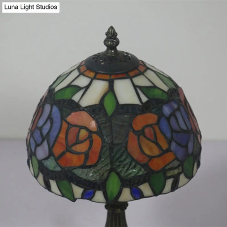 Antique Brass Single Head Night Table Lamp With Mediterranean Stained Glass In Pink Rose/Red