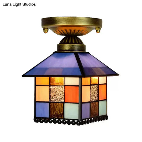 Antique Brass Tiffany Style Stained Glass House Ceiling Light Fixture Flush Mount H11 X D6