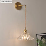 Antique Brass Wall Hanging Lamp With Clear Prismatic/Wavy Glass Bedside Lighting Rotary Switch