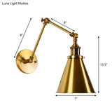 Antique Brass Wall Light With Flexible Swivel Arm And Conic Mount - 1 Bulb Fixture