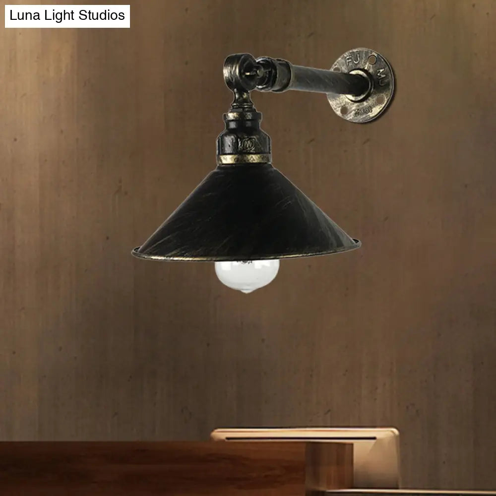 Antique Brass Wall Mounted Sconce Vintage Lamp For Restaurants - Metal Cone Shade 1-Bulb Lighting