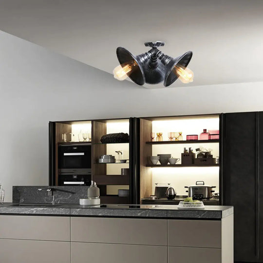 Antique Bronze/Aged Silver Ceiling Light With Stylish Wrought Iron Finish - 3 Heads Semi Flush
