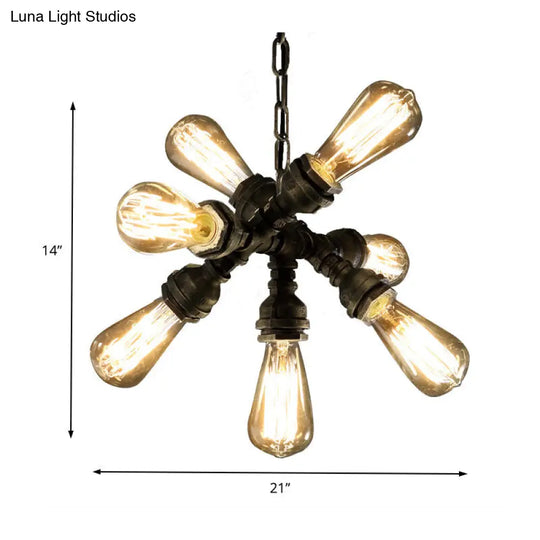Antique Style Metal Pipe Chandelier With 7 Bronze Bulbs And Exposed Lighting