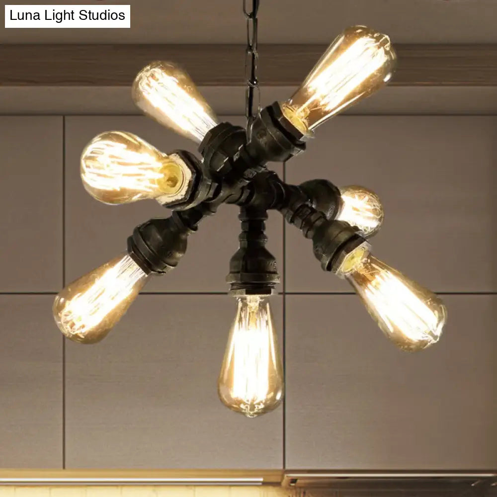 Antique Bronze Chandelier With 7 Bulbs – Vintage Metal Pipe Pendant Light Fixture