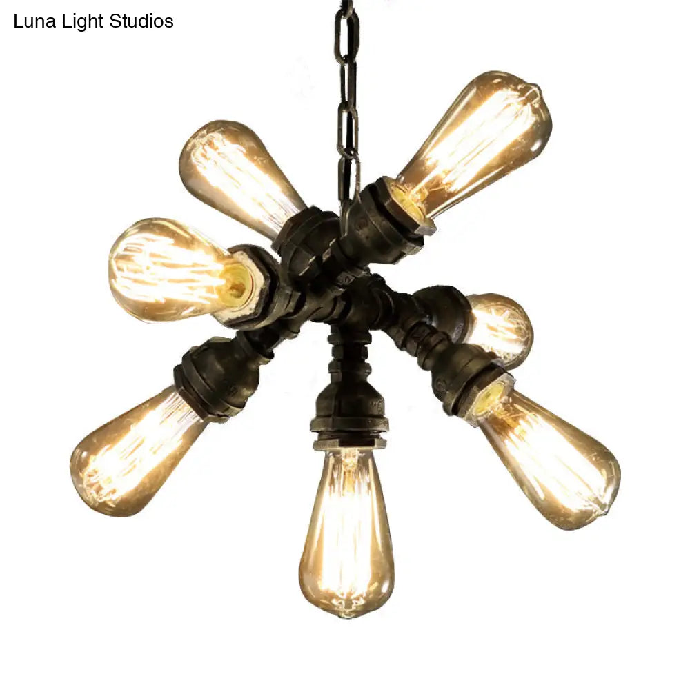 Antique Bronze Chandelier With 7 Bulbs – Vintage Metal Pipe Pendant Light Fixture