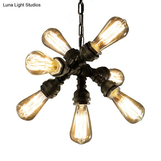 Antique Bronze Chandelier With 7 Bulbs – Vintage Metal Pipe Pendant Light Fixture